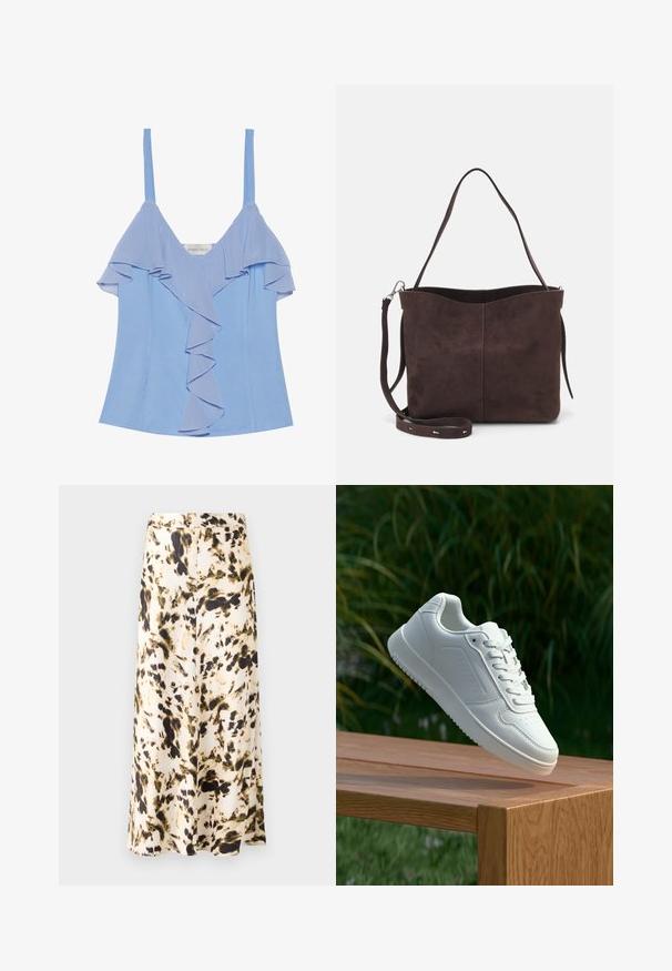 Light blue sleeveless top with layered ruffle detail along the front and a smooth texture. Features thin straps and a fitted silhouette.; A knee-length skirt in a light fabric with a beige, brown, and green abstract pattern. Features a fitted waistband and flowing design.; White sneaker with a smooth synthetic upper, perforated toe box, flat laces, and a textured sole, displayed on a wooden surface.; Brown suede tote bag with a soft texture, featuring a single shoulder strap and a subtle curved top opening. No visible hardware details.