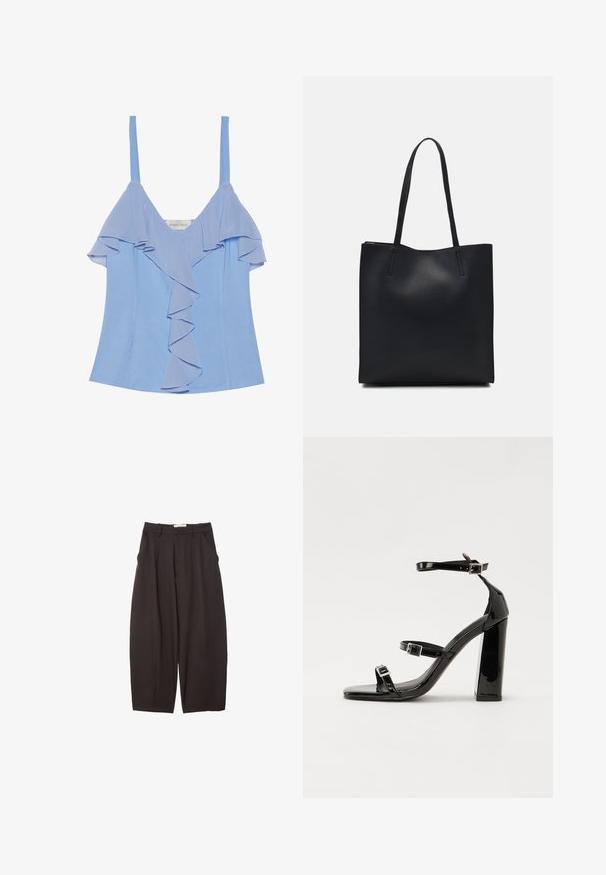 Top senza maniche di colore azzurro chiaro con dettagli a volant stratificati lungo il davanti e una texture liscia. Presenta spalline sottili e una silhouette aderente.; Pantaloni neri a gamba larga realizzati in un tessuto morbido, con vita alta, pieghe frontali e tasche laterali. Design semplice senza decorazioni.; Sandali con tacco in vernice nera, con punta squadrata, cinturini alla caviglia e fibbie in argento. Presentano un tacco a blocco spesso per maggiore stabilità.; Borsa tote in pelle nera con texture liscia, forma rettangolare e due manici lunghi. Nessun hardware o decorazione visibile.