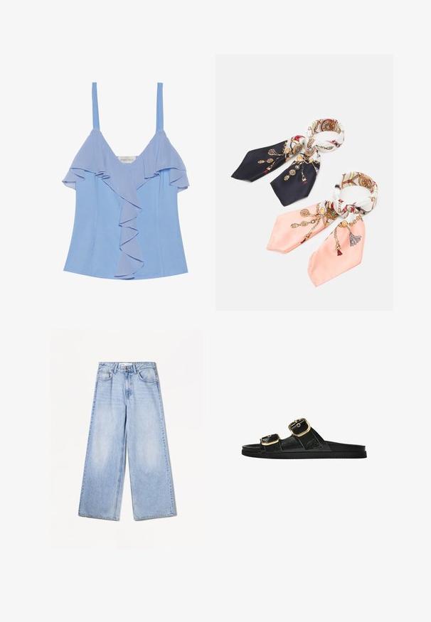 Világoskék, ujjatlan felső, amelynek elülső részén réteges fodros rész található, sima textúrával. Finom pántokkal és legyen technikai fazonnal rendelkezik.; Bershka WIDE-LEG - Széles szárú - light-blue denim; Fekete csúszó szandál, két arany csattal, sima textúrájú anyagból, lapos talppal és minimalista dizájnnal.; Anna Field 2 PACK - Selyemkendő - dark blue/pink