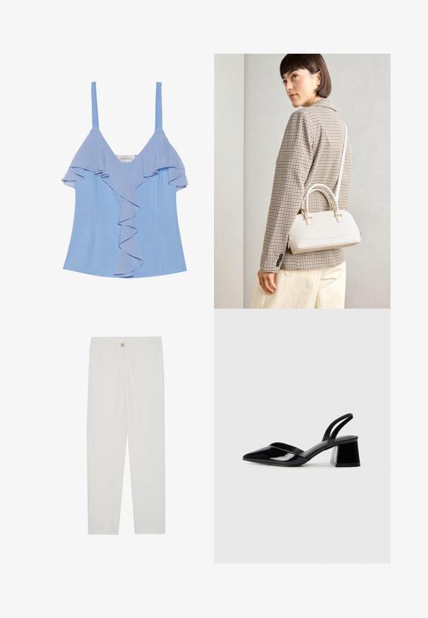 Top sin mangas de color azul claro con detalles de volantes en capas en la parte frontal y una textura suave. Presenta tirantes finos y una silueta ajustada.; Pantalones blancos, ajustados, con un diseño de pierna recta, que cuentan con un cierre de botón, lazos para cinturón y bolsillos laterales; textura de tela suave.; Zapatos de tacón slingback de charol negro con punta afilada y tacón geométrico en bloque. Presentan un diseño elegante y minimalista, así como una textura suave.; Bolso estructurado blanco con asas cortas y una correa para el hombro, que presenta detalles en dorado y material texturizado, exhibido sobre un fondo gris.