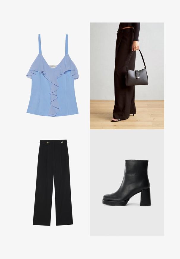 Himmelblaues ärmelloses Top mit geschichteten Rüschendetails an der Front und einer glatten Textur. Verfügt über dünne Träger und eine figurbetonte Silhouette.; Schwarze weite Hosen mit hoher Taille, Knopfdetails am Bund und vorderen Falten.; Schwarze Leder-Stiefelette mit Blockabsatz und Plattformsohle, seitlich auf einem schlichten weißen Hintergrund betrachtet.; Schwarze Handtasche mit strukturierter Form, glatter Textur und einem metallischen Verschluss. Kombiniert mit weiten schwarzen Hosen und offenen Sandalen auf einem Holzboden.