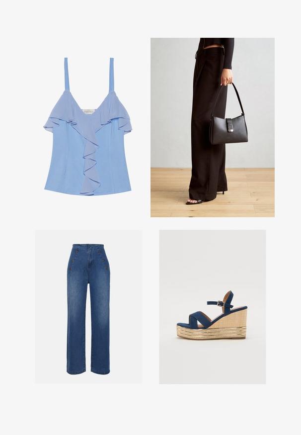 Top fără mâneci, de culoare albastru deschis, cu detalii de volane suprapuse pe față și o textură netedă. Are bretele subțiri și o siluetă ajustată.; Jeans din denim cu talie înaltă, de culoare albastru mediu. Prezintă accente cu buton în față și un design cu picioare late. Materialul are o textură netedă, cu o ușoară decolorare.; Sandale cu toc wedge de culoare bleu marin, cu curele încrucișate, o platformă din fibră naturală texturată și un accent metalic auriu pe bază.; Genți negre cu o formă structurată, textură netedă și un închizător metalic. Asortată cu pantaloni negri largi și sandale cu vârf deschis pe un podea din lemn.