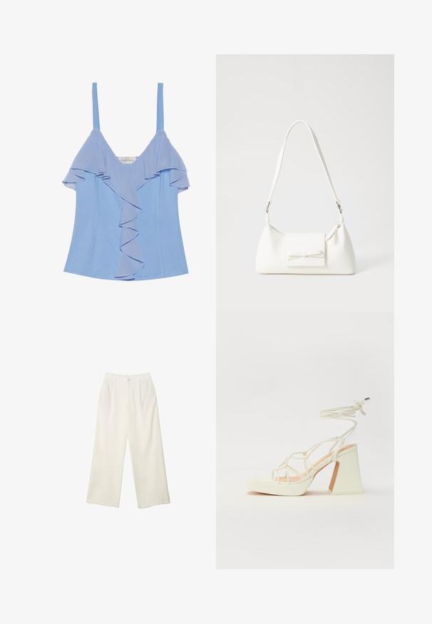 Lyseblå ærmeløs top med lagdelte flæse detaljer foran og en glat tekstur. Har tynde stropper og en tætsiddende silhuet.; Bredde bukser i cremefarvet stof med en glat tekstur, der har en enkelt knap foran, diskrete folder og design med høj talje.; Hvide højhælede sandaler med en kraftig hæl, der har et stropdesign og ankelbinding. Glat tekstur med en platform foran for ekstra højde.; Hvid syntetisk håndtaske med en trekantet form, flad forsideklap og sløjfedetalje, justerbar strop, glat tekstur og minimalistisk design.