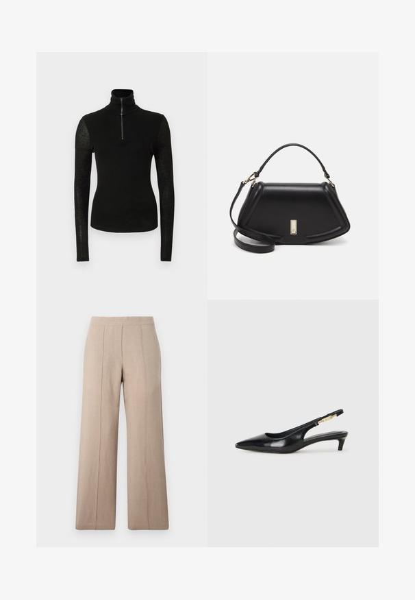 Black fitted long-sleeve shirt with high collar and half-zip front on plain white background.; Beige wide-leg trousers made of lightweight fabric, featuring front pleats, a smooth waistband, and a straight cut with clean hems.; Black leather slingback heels with a pointed toe, featuring a slim heel and a gold-tone accent on the adjustable strap. Smooth texture.; Black leather handbag with a structured design, featuring a cropped shape, top handle, and gold hardware accent. Adjustable shoulder strap included.