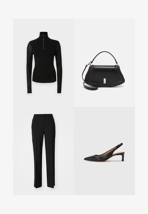 Schwarzes, tailliertes Langarmshirt mit hohem Kragen und halber Reißverschlussfront auf weißem Hintergrund.; Schwarze, taillierte Hose mit geradem Bein, aus einem glatten Stoff und mit klaren Falten an der Vorderseite. Keine sichtbare Hardware.; Schwarze Leder-Slingback-Pumps mit spitzer Zehenform, niedrigem Absatz und glatter Textur. Verfügt über einen dünnen, verstellbaren Riemen für einen sicheren Sitz.; Schwarze Lederhandtasche mit einem strukturierten Design, das eine verkürzte Form, einen oberen Griff und goldfarbene Hardware-Details aufweist. Verstellbarer Schulterriemen ist enthalten.