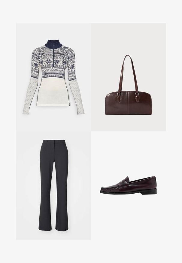 Kari Traa VILMA - Pulover - off white; Weekday SUITING - Pantaloni - dark grey; Pantofii bărbătești din piele maro închis, cu talpă neagră și detalii de cusătură pe vârf, prezentați în profil lateral.; Geantă din piele maro, cu două mânere lungi, de formă rectangulară structurată, textură netedă și colțuri rotunjite. Include detalii accentuate la mânere.