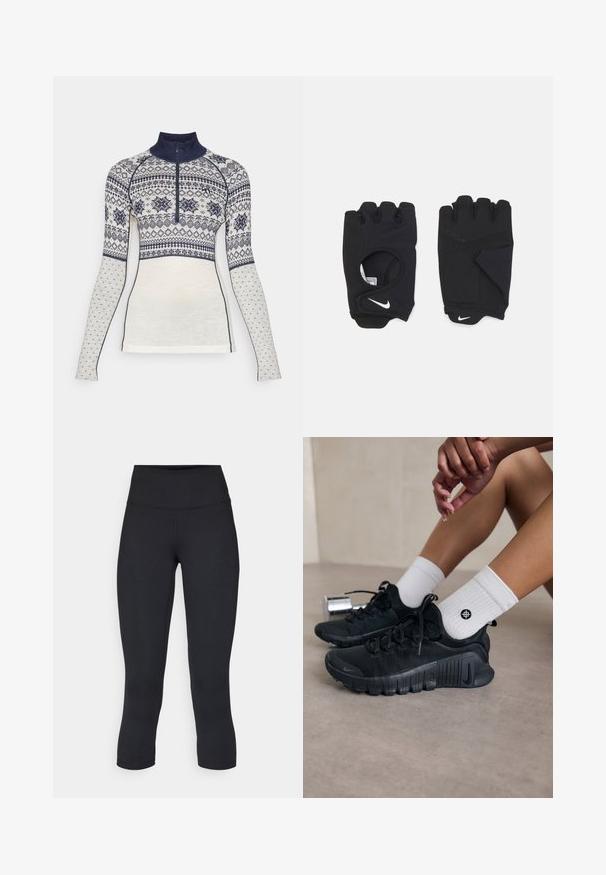 Kari Traa VILMA - Džemperis - off white; Melnas apgrieztas legingi, izgatavoti no elastīga auduma, ar augstu jostasvietu un gludu tekstūru, bez redzamām rakstu vai aksesuāriem.; Melnas sporta kurpes ar teksturētu audumu, saistītu dizainu un izteiktu zoli, savienotas ar baltām ribotām zeķēm ar mazu logo.; Melnas bezpirkstu cimdus, kas izgatavoti no elastīga materiāla, ar atvērtu plaukstas dizainu, satveršanas akcentiem un Nike logo baltā krāsā.
