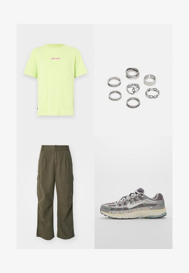 Vihreä limen väri puuvillainen t-paita lyhyillä hihoilla. Rinnassa pieni vaaleanpunainen "element"-logo. Suora malli, jossa sivulappu.; Vihreät cargo-housut, valmistettu puuvillasta, leveällä lahjesuunnittelulla, taitoksilla ja sivutaskuilla käytännöllisyyttä varten.; Harmaa urheilukenkä, jossa on verkko- ja mokkanahkainen yläosa, valkoiset yksityiskohdat, pehmustettu pohja ja erottuva muotoilu heijastavilla elementeillä.; Setti seitsemän hopeasormusta, joissa on erilaisia muotoiluja, kuten kierrettyjä, linkitettyjä ja kaiverruksilla varustettuja kuvioita. Eri muotoja ja leveydet.