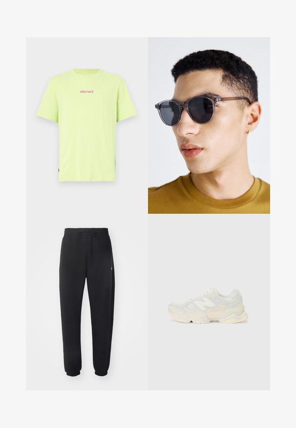 Limegrünes Baumwoll-T-Shirt mit kurzen Ärmeln. Verfügt über ein kleines pinkes "Element"-Logo auf der Brust. Gerader Schnitt mit einem Seitenetikett.; Schwarze Sweatpants aus weichem Material mit elastischem Bund, Kordelzug und schmal zulaufenden Bündchen, die auf der Seite ein dezentes Logo zeigen.; Leichte Sneaker mit einem Obermaterial aus Mesh und Wildleder in sanften Cremetönen, einer dicken Sohle und dreidimensionalen Akzenten.; Graue, runde Sonnenbrillen mit einem transparenten Rahmen, ausgestattet mit dunklen Gläsern und dünnen, eleganten Bügeln. Getragen von einer Person mit kurz gewelltem Haar.