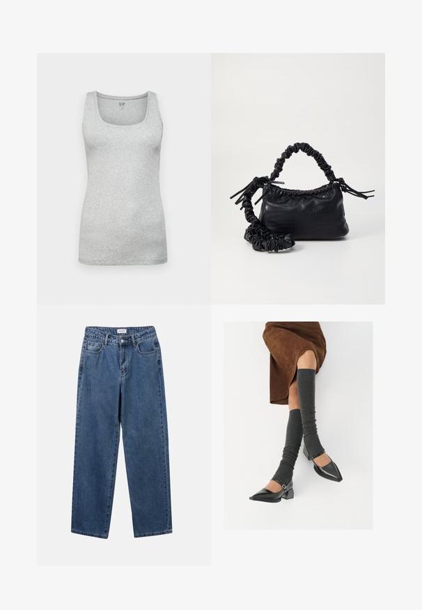 Top in cotone grigio, senza maniche, con scollo a barca, design aderente e texture liscia. Non presenta motivi o dettagli visibili.; Jeans in denim blu classico con design a gamba dritta, cinque tasche e chiusura con bottone. Presentano un lavaggio medio e una trama robusta.; Scarpe nere in pelle verniciata con punta affilata, tacco a blocco e cinturino alla caviglia, abbinate a scaldamuscoli grigi a coste e una gonna in suede marrone.; Borsa a tracolla in ecopelle nera con texture a coccodrillo, apertura cinchata e tracolla arricciata. Si presenta con un design morbido e compatto.