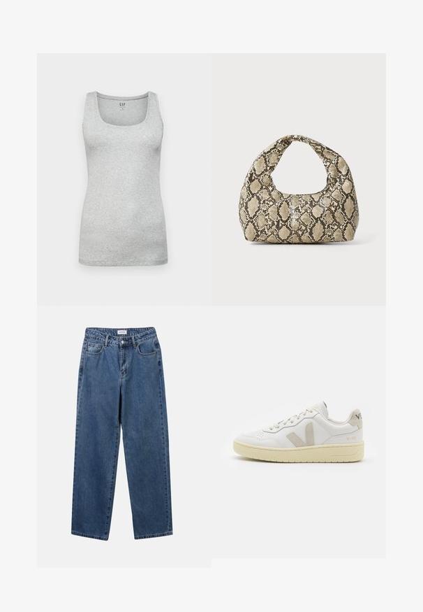 Top in cotone grigio, senza maniche, con scollo a barca, design aderente e texture liscia. Non presenta motivi o dettagli visibili.; Jeans in denim blu classico con design a gamba dritta, cinque tasche e chiusura con bottone. Presentano un lavaggio medio e una trama robusta.; Sneaker in pelle bianca con dettagli in suede beige, punta perforata, lacci piatti e suola testurizzata color crema. Presenta un logo discreto sul tallone.; Borsa a stampa rettile con manico curvo. Realizzata in materiali testurizzati beige e marroni, presenta un distintivo motivo a rombi.