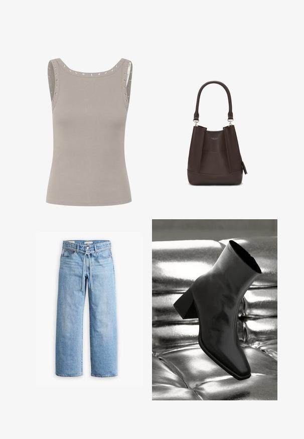 Top sin mangas de color gris claro con una textura acanalada, que presenta detalles de ojales metálicos a lo largo de los hombros y un escote redondeado.; Blusa transparente de color verde oliva, con cuello atado, cintura elástica y mangas largas con volantes. Tejido ligero con un diseño fluido.; Jeans anchos de denim azul claro con cintura alta, cierre de botón y cremallera, y detalle de cordón en la cintura. Acabado con dobladillo sin rematar.; Botín negro de tobillo hecho de material brillante, con punta cuadrada y tacón cónico, contra un fondo plateado brillante con almohadillado.; Carlheim ADALINE - Bolso de mano - brown