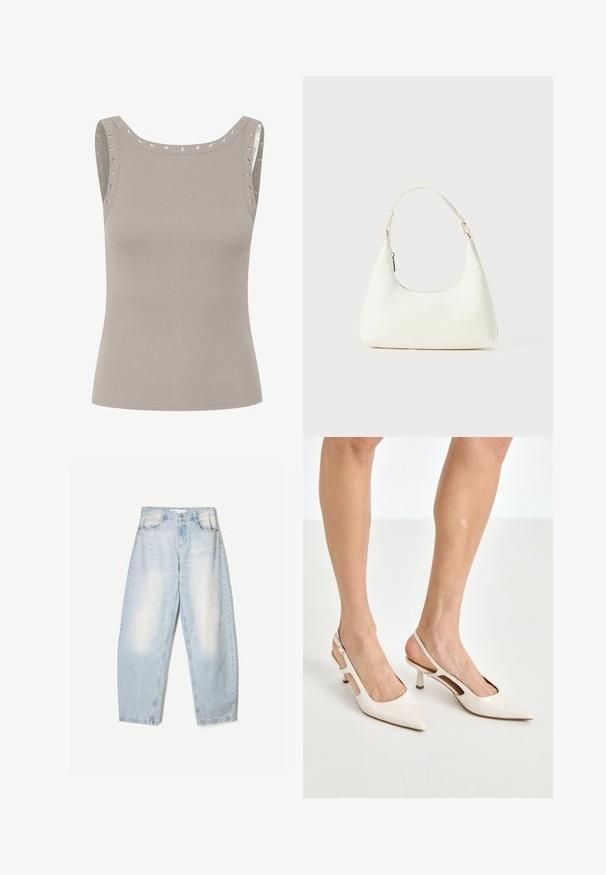 Top senza maniche di un grigio chiaro con una texture a coste, caratterizzato da dettagli in grommet metallici lungo le spalle e un girocollo arrotondato.; Camicia bianca con colletto classico, maniche lunghe e vestibilità rilassata. Realizzata in tessuto leggero con una superficie liscia.; Jeans in denim azzurro chiaro con una vestibilità ampia, caratterizzati da una finitura sbiadita, due tasche frontali e una chiusura con bottone in vita.; Tacchi slingback in pelle lucida beige con punta affusolata e tacco di 5 cm, caratterizzati da lati traforati e una sottile fascia alla caviglia.; Piccola borsa a spalla bianca con una singola tracolla regolabile e chiusura a zip, su uno sfondo bianco uniforme.
