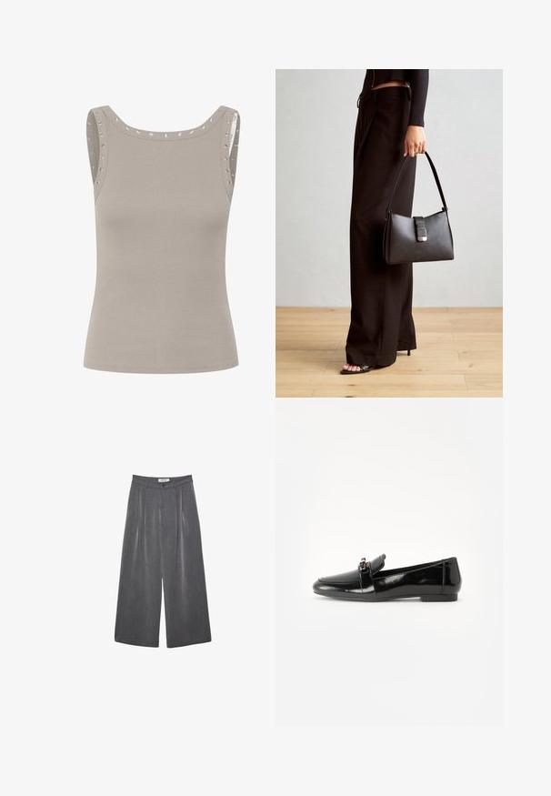 Hellgraues, ärmelloses Oberteil mit gerippter Textur, das metallische Ösenakzente an den Schultern und einen abgerundeten Ausschnitt aufweist.; Faltenhose mit weitem Bein aus einem dunkelgrauen Stoff mit subtiler Textur. Verfügt über einen Knopfverschluss und ein klassisches Design des Bunds.; Schwarze Lackleder-Lederschuhe mit flacher Sohle, runder Spitze und einem dekorativen Riemen mit einem goldfarbenen Akzent. Glattes, glänzendes Finish.; Schwarze Handtasche mit strukturierter Form, glatter Textur und einem metallischen Verschluss. Kombiniert mit weiten schwarzen Hosen und offenen Sandalen auf einem Holzboden.