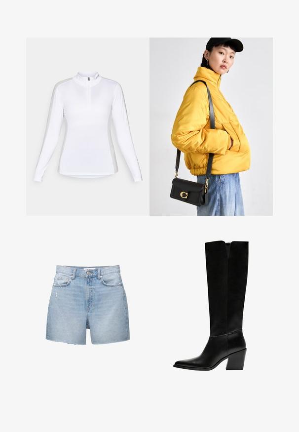 Duga bijela atletska majica s dugim rukavima i ovratnikom na patentni zatvarač. Ima besprijekoran dizajn i prilagođeni kroj, pogodna za vanjske aktivnosti.; Svijetloplave traper kratke hlače s raspucanim rubovima, pet džepova i dugmetom za zatvaranje. Tkanina ima izblijedjeli izgled i blago oštećenje.; Crne čizme do koljena napravljene od glatke kože, s šiljastim vrhom, blok petom i V-oblika izrezom na vrhu.; Žuta podstavljena jakna s visokim ovratnikom i prednjim džepom, uparena s crnom torbom preko tijela s zlatnim detaljima. Ležerne traperice.