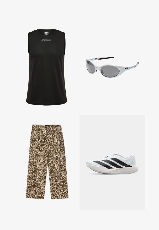 Zwart sportshirt zonder mouwen, gemaakt van zachte, ademende stof. Heeft een ronde halslijn en een geborduurd "HUMMEL"-logo in het wit.; YOURTURN UNISEX - Relaxed fit jeans - beige/black; Lichte hardloopschoenen in lichtblauw met zwarte strepen. Beschikt over een soepele bovenkant, ronde neusstuk en dikke witte tussenzool met het label "LIGHTSTRIKE PRO."; Witte kunststof zonnebril met grote ovale lenzen, grijs getint. Voorzien van zwarte oorsteunen en een klein logo op het montuur. Gladde afwerking.