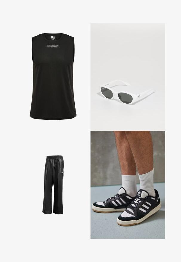 Zwart sportshirt zonder mouwen, gemaakt van zachte, ademende stof. Heeft een ronde halslijn en een geborduurd "HUMMEL"-logo in het wit.; Zwarte synthetische trainingsbroek met een elastische tailleband, voorzien van witte zijstrepen en een klein wit logo op de linkse heup.; Zwart-witte sneakers met een bovenwerk van suede en leer, voorzien van drie witte strepen, een geperforeerde neus en een rubberen gumzool.; Witte zonnebril met ronde montuur en donkere glazen. Heeft een gladde plastic structuur en een klein logo op de poot.