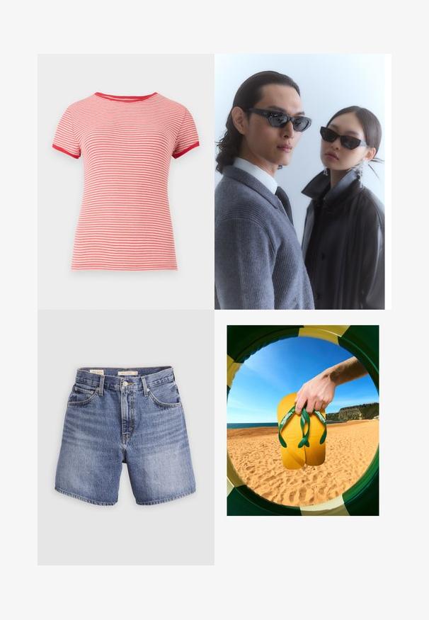 Punase ja valge triibuline lühikeste varrukatega t-särk ümmarguse kaelusega ja kontrastsete punaste äärtega varrukatel ning kaelusel, valmistatud ribakangast.; Hõbedas sinises toonis teksapüksid, millel on kõrge vöökoht, viis taskut, tõmblukk ja nööpidega sulgemine. Lihtne, klassikaline lõige sirgete säärtega.; Kollaseid plätusid roheliste rihmadega ja tekstureeritud tallaga hoiab käsi, vaadates ringikujulise raami kaudu rannamaastikku.; Nurgad musternik musternik musternikuong, joonistav tekstuuriga kudum ja must nahkjakker, mille kannab teine mudel.