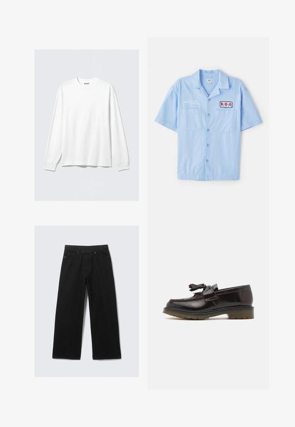 White long-sleeve crewneck shirt with ribbed cuffs and a small brand label "WEEKDAY" inside the neckline.; Light blue short-sleeve shirt made of cotton, featuring two front pockets, button placket, and a patch logo with red and navy accents.; Black wide-leg trousers made from denim, featuring a classic five-pocket design and a structured waistband with belt loops.; Brown leather loafers with a woven design, tassel detail, and a flat rubber sole. Features a smooth finish and contrasting stitching.