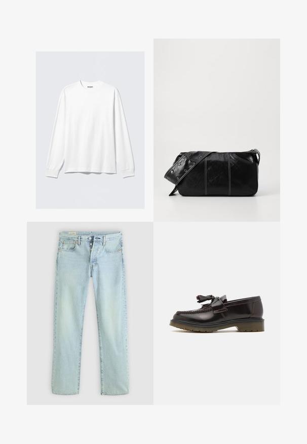 White long-sleeve crewneck shirt with ribbed cuffs and a small brand label "WEEKDAY" inside the neckline.; Light blue denim jeans with a straight cut, five pockets, button fly, and subtle fading. Features stitching details and copper rivets.; Brown leather loafers with a woven design, tassel detail, and a flat rubber sole. Features a smooth finish and contrasting stitching.; Black leather shoulder bag with a zip closure, featuring a textured body, white stitching, and a strap with silver grommets.