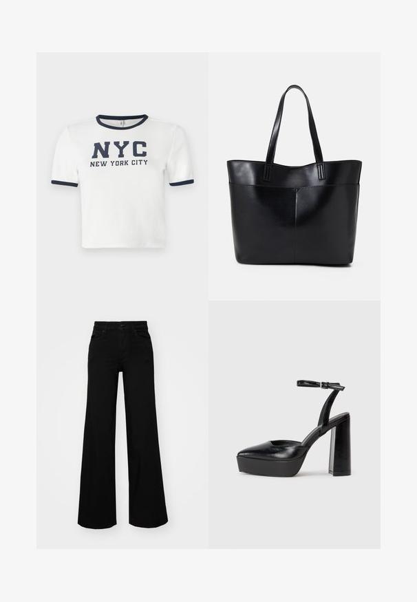 Balta īsām piedurknēm T-krekls ar tumši zila krāsas akcentiem apkaklē un piedurkņu malās. Uz krekla ir izcili drukāti vārdi: "NYC NEW YORK CITY."; Melni plaša kāju bikses, izgatavotas no džinsa, ar strukturētu jostu, jostu cilpiņām un priekšējām kabatām. Gluda tekstūra ar klasisku dizainu.; Melnas platformas papēžs ar norādītu purngala formu un regulējamu potītes siksniņu. Izgatavotas no gludas ādas, ar masīvu bloku papēdi.; Melnas ādas iepirkumu soma ar divām garām rokturām, gludu tekstūru un strukturētu formu. Iekļauj priekšējo kabatu papildu uzglabāšanai.