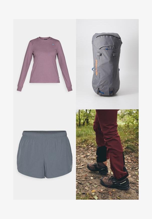 Cămașă cu mâneci lungi într-o nuanță de lavandă pal. Confecționată dintr-un material moale, cu un guler rotund, având un logo mic albastru pe piept și mâneci ajustate.; Șorturi atletice gri cu o textură moale, talie elastică și o margine ușor curbată. Prezintă mici perforații pentru respirabilitate.; Bocanci de drumeție maro cu accente negre și tălpi rezistente, asortați cu pantaloni impermeabili cărămizii cu panouri și fermoare negre.; Rucsac gri cu formă cilindrică, fabricat din material textil. Dispune de un fermoar superior, accente albastre și un logo portocaliu. Include bretele ajustabile.