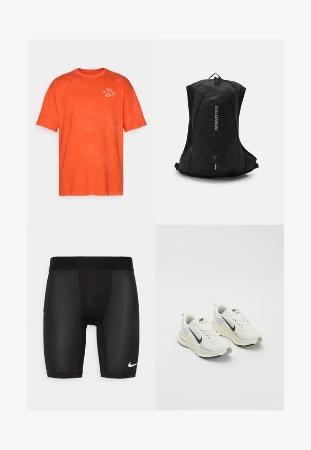 Camiseta de algodón naranja con un corte relajado, que presenta un estampado blanco "NIKE ATHLETIC DEPT." en la parte superior izquierda. Textura suave.; Pantalones cortos deportivos negros hechos de una tela suave y elástica. Cuentan con una cinturilla ancha con una marca en relieve y un pequeño logo blanco en la pierna.; Zapatillas de correr hechas de malla blanca transpirable con acentos gris claro. Presentan un logo de swoosh negro y una suela de goma gris claro.; Salomon CROSS 8 - Mochila - black