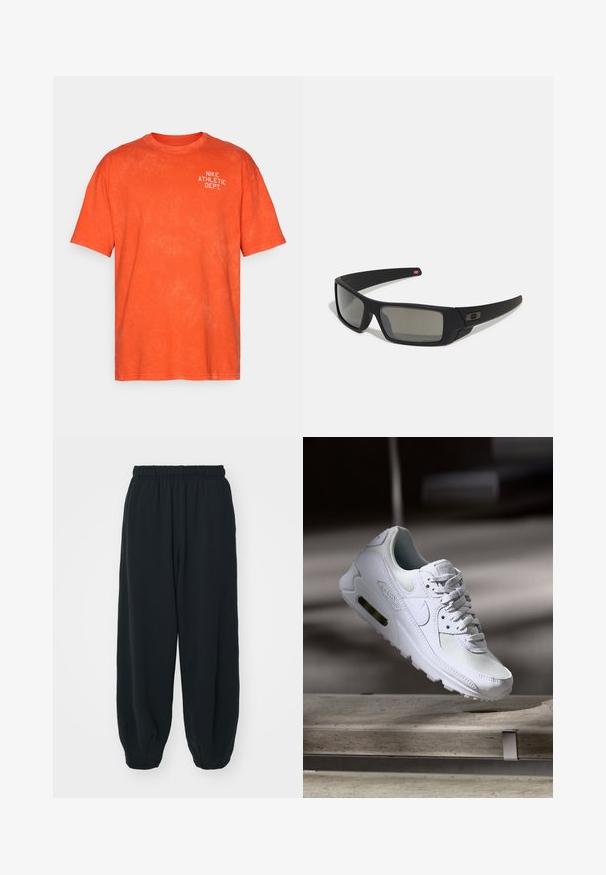 Oranžna bombažna majica s sproščenim krojem, ki na zgornji levi strani nosi bel napis "NIKE ATHLETIC DEPT.". Mehka tekstura.; Črne, elastične hlače za prosti čas z ohlapnim krojem, manšetami na gležnjih, gladko teksturo in brez vidnih vzorcev ali dodatkov.; Bela Nike Air Max 90 športna obutev z mrežastim in usnjenim zgornjim delom, perforiranim prstnim delom in vidno zračno enoto v peti.; Crne sončne naočale s mat površinom, pravokutne leće, blagi luk na sljepilima, diskretna oznaka i leće sa dimnim nijansama.