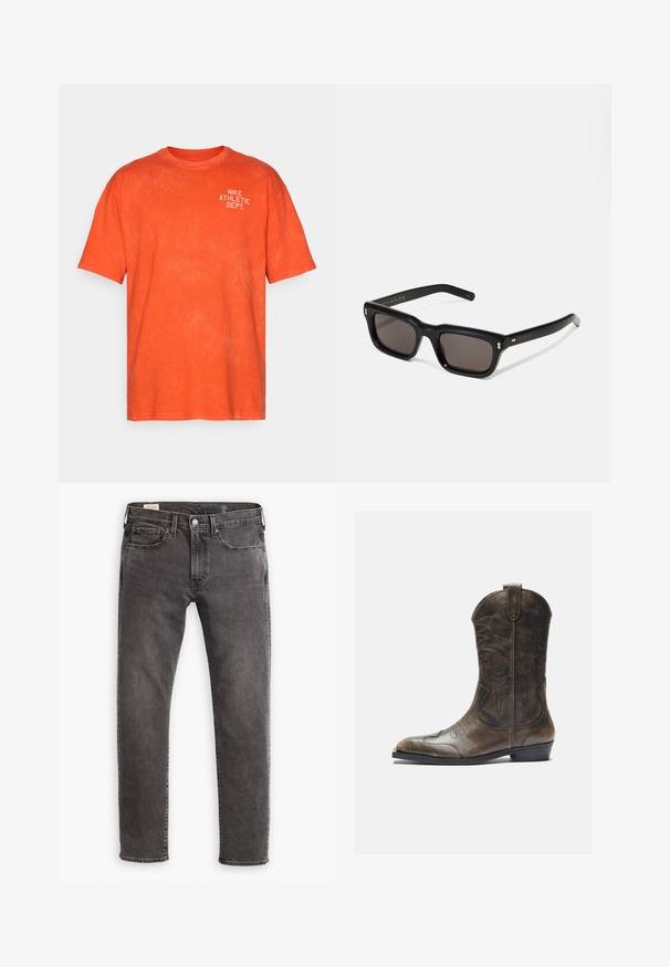 Oranžs kokvilnas T-krekls ar brīvu piegriezumu, uz kura augšējās kreisās puses ir balts uzraksts "NIKE ATHLETIC DEPT." Mīksta tekstūra.; Pelēki denima džinsi ar taisnu griezumu, piecu kabatu dizainu un pogu aizdari. Satur vieglu izbalēšanu un tonālu šuvju izstrādājumu visā virsmā.; Brūnas ādas kovboju zābaki ar garu kāju, norādītu purngalu, sarežģītām šuvju rakstībām un mazu papēdi. Virsma ar faktūru visā zābakā.; Melnas taisnstūra formas saulesbrilles ar tumšiem stikliem, bieza plastmasas rāmja, zelta akcenti pie tempļiem un zīmola logo iegravēts roku daļā.
