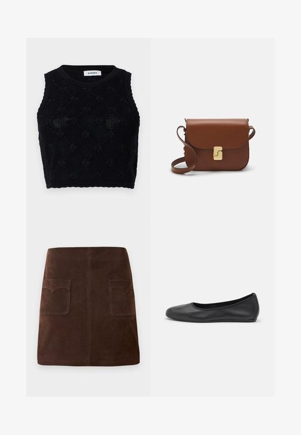 sandro Tops - noir; Balta garām piedurknēm krekls, kas izgatavots no gludas auduma, ar apkakles dizainu un pogu aizdari ar gaiši rozā pogām.; Brūns zamšādas svārki ar klasisku A-line formu, divām priekšējām kabatām ar noapaļotiem vāciņiem un smalkiem šuvju detaļām.; Melna ādas baleta kurpe ar noapaļotu purngalu, gludu tekstūru, minimālu šuvju detalizāciju un elastīgu zoles dizainu.; Bordo ādas rokas soma ar atloku, zeltītām detaļām, plecu siksnu un gludu virsmu. Kompakta, taisnstūrveida forma.