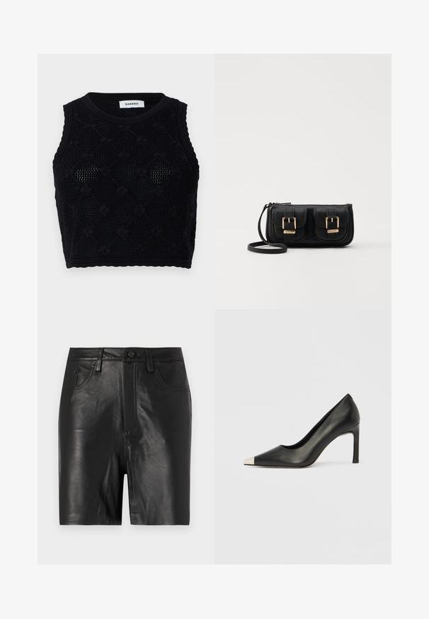 sandro Tops - noir; Melnas ādas šorti ar gludu tekstūru, aprīkoti ar priekšējo rāvējslēdzēju, pogu aizdari un klasisko piecu kabatu dizainu.; Melns ādas augstpapēžu kurpes ar smailu purngalu un metāliski sudraba uzgali. Ir gluda apdare un slaids 10 cm augsts papēdis.; Melnas ādas crossbody soma ar divām priekšējām kabatām, zelta sprādzēm, ar rāvējslēdzēju aizdari un šauru siksnu. Strukturēta virsma un kompakta taisnstūra forma.