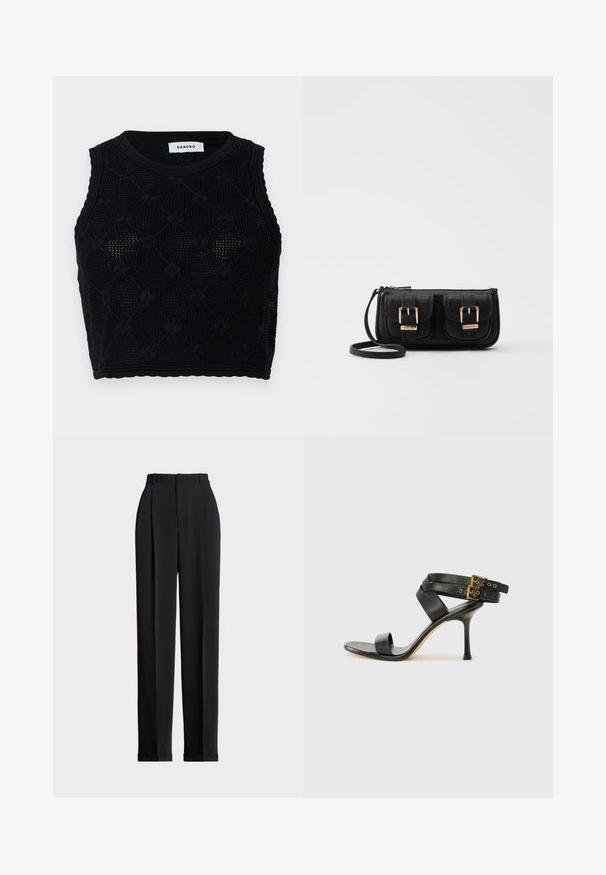 sandro Top - noir; Črne krojene hlače z visokim pasom, z naborki spredaj, ravnim krojem in manšetami na koncu. Narejene iz gladkega materiala.; Črne sandale na peto z križnimi trakovi in prilagodljivo zaponko. Imajo gladko teksturo in zožen peto.; Črna usnjena torbica čez ramo z dvema sprednjima žepoma, zlatimi zaponkami, zadrgo in ozkim pasom. Tekstura površine je strukturirana, obliko pa ima kompaktno pravokotno.