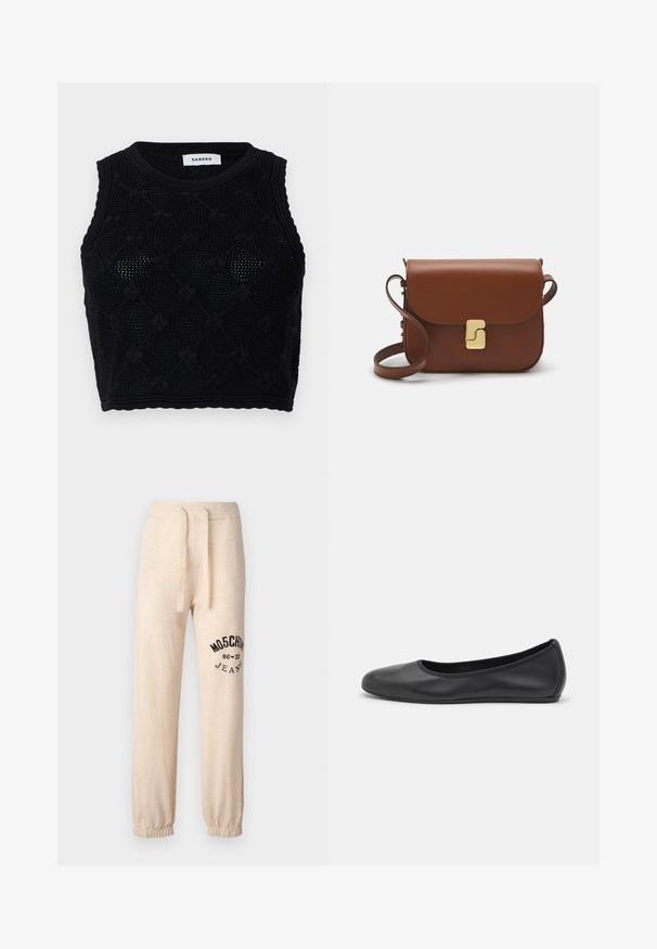 sandro Top - noir; Beige sweatpants with elastic cuffs and waistband. Features a black printed logo "MOSCHINO 86 ❤ 23 JEANS" on the left thigh. Soft texture.; Black leather ballet flat with a rounded toe, smooth texture, minimal stitching detail, and a flexible sole design.; Brown leather handbag with a flap closure, gold-tone hardware, a shoulder strap, and a smooth texture. Compact rectangular shape.