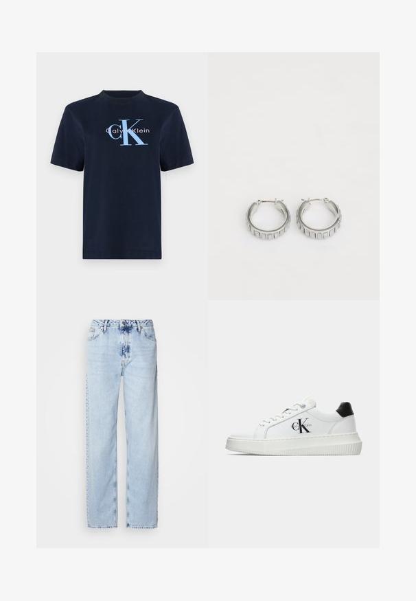 Tumedat sinine puuvillane T-särk lühikeste varrukatega, mille esipooles on helesinine ja roosa "Calvin Klein" logo. Lihtne ümar kaelus.; Heledad sinise värvi laiad teksad, mis on valmistatud denimist, kõrge vöökoht, pleekinud pesu ja peen tie-dye muster ettepoole.; Valge madalate sokkidega jooksutoss, millel on must konts, platvormi tallad, paelad ja Calvin Kleini "CK" logo küljel.; Hõbedased rõngassõrmed tekstureeritud disainiga, kus on vertikaalsed sooned. Ümmargune kuju ja kindel lukustus. Sile viimistlus.
