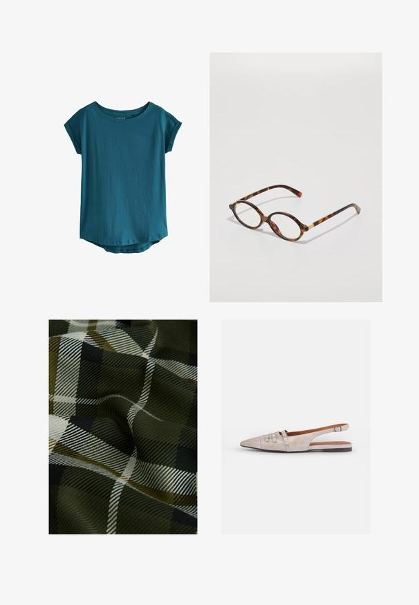 Tricou scurt cu mânecă albă, dintr-un material moale și neted. Prezintă un decolteu rotund larg și un tiv ușor curbat. Design simplu și fără ornamente.; Țesătură tartan împletită cu culori verde închis, negru și alb. Textura este netedă, cu un finisaj moale și modelat.; Pantof light beige de tip slingback, cu vârf ascuțit, textură moale de suede, având două catarame decorative și un toc jos, plat.; Ochelari de vedere din scoică cu rame ovale, lentile clare și accente aurii. Caracteristici cu brațe curbate și un finisaj neted, lucios.; COACH BROOKLYN SHOULDER BAG 23 - Geantă de mână - maple