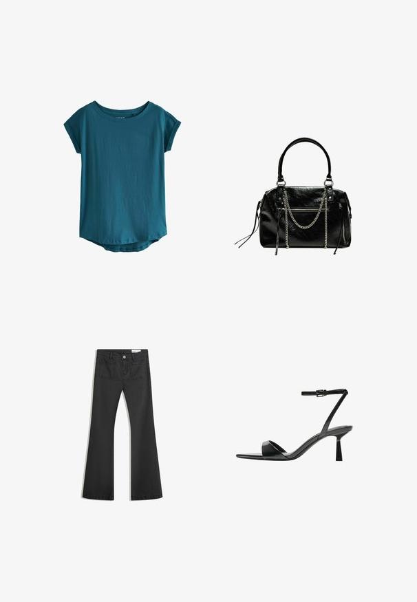 Teal kortslippige T-shirt van een zachte, gladde stof. Heeft een brede ronde halslijn en een lichtgebogen zoom. Eenvoudig en onopgesmukt ontwerp.; Zwarte flared jeans van denim met een gladde textuur, voorzien van twee achterzakken en een knoopsluiting bij de taille.; Bershka Sandalen met hoge hak - black; Bershka WITH CHAIN - Handtas - black