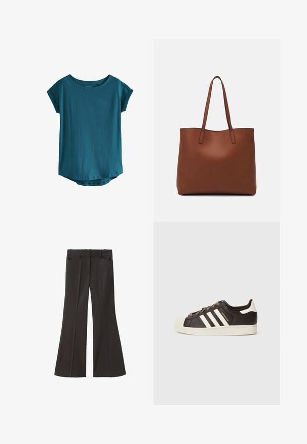 Teal kortærmet t-shirt i et blødt, glat materiale. Har en bred rund halsudskæring og en let buet kant. Enkel og udekoreret design.; Sorte flagrende bukser med høj talje; har to forlommer og en glat stofstruktur. Egnet til forskellige anledninger.; Low-top Adidas Superstar-sneaker i mørkebrunt læder med cremefarvet skal-tå, hvide striber og teksten "Superstar" på siden.; Brun læder tote taske med en glat overflade, åben topdesign og to skulderremme. Har minimal syning og ingen synlig hardware.