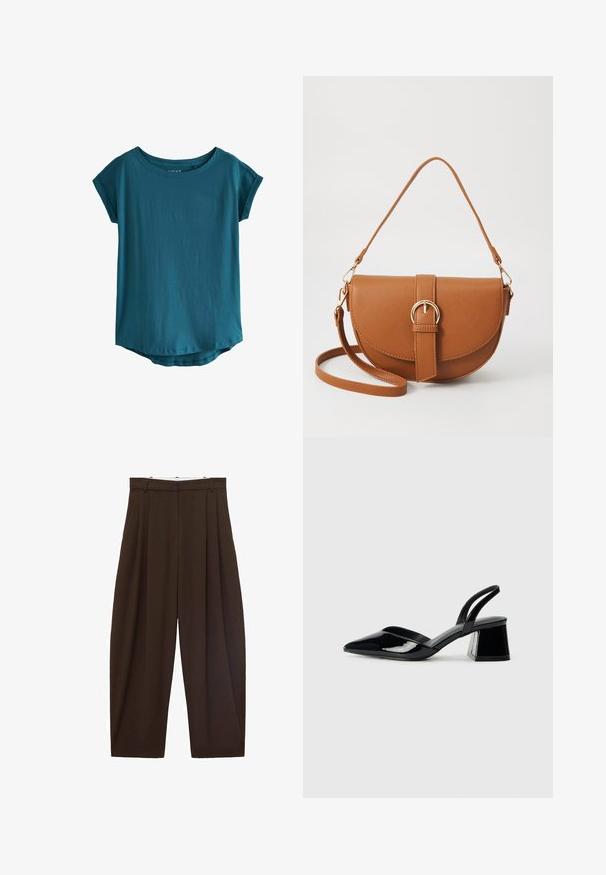 Camiseta de manga corta en color verde azulado, hecha de una tela suave y lisa. Presenta un escote redondo amplio y un dobladillo ligeramente curvado. Diseño simple y sin embellishments.; Pantalones de talle alto marrones con pliegues, hechos de tela suave. Corte holgado, diseño de pierna recta, con lazos para cinturón y cremallera.; Zapatos de tacón slingback de charol negro con punta afilada y tacón geométrico en bloque. Presentan un diseño elegante y minimalista, así como una textura suave.; Bolso bandolera de cuero marrón con forma curvada, herrajes dorados y un acento de hebilla. Incluye una correa de hombro desmontable.