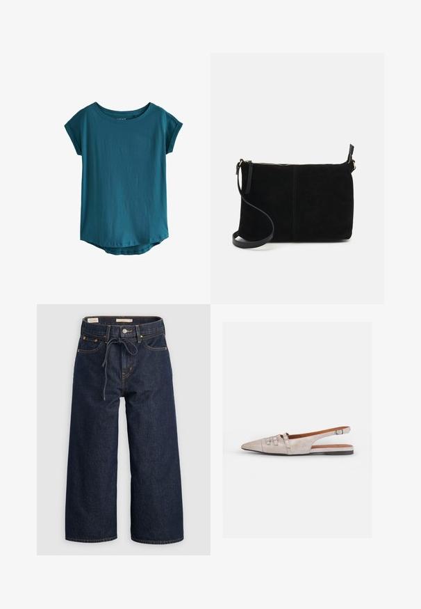 Tīrā zila īsām piedurknēm t-kreklā mīkstā, gludā audumā. Iezīmēta ar plašu apaļu kakla izgriezumu un nedaudz izliekta apakšmalu. Vienkāršs un neizpušķots dizains.; Tumši zili platlēkna džinsi ar aukliņu jostasvietā, priekšējām kabatām un kontrastējošiem oranžiem izšuvumiem.; Gai bēšas krāsas sandalītes ar norakstu purngalu, mīkstu zamša tekstūru, diviem dekoratīviem sprādzēm un zemu, plakanu papēdi.; Melna zamša crossbody soma ar rāvējslēdzēju, plakana taisnstūra dizaina un noņemamu siksnu daudzveidībai. Gluda tekstūra, minimālisma stils.