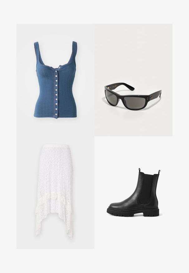 Free People END GAME POINTELLE TANK - Top - indigo; Weißen Spitzenrock mit strukturiertem Blumenmuster, asymmetrischem Saum und Rüschendetails am unteren Rand, mit elastischem Taillenbund.; Schwarze Leder-Ankle-Boots mit einer stabilen Gummisohle, elastischen Seitenpanelen und Zuglaschen, ausgestattet mit einer glatten Oberfläche und einem runden Zehendesign.; Schwarze Sonnenbrille mit dunkelgrauen Gläsern, ausgestattet mit einem eleganten Kunststoffrahmen, einem leicht kantigen Design und dezenten goldenen Akzenten an den Bügeln.