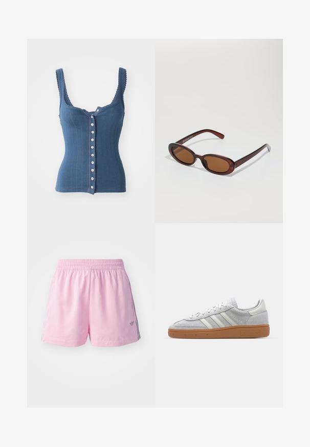Free People END GAME POINTELLE TANK - Top - indigo; Pantaloni sportivi rosa con elastico in vita, dotati di una striscia grigia sui lati e di un piccolo logo sul davanti. Realizzati in tessuto leggero.; Sneaker in camoscio grigio chiaro con accenti in pelle bianca, tre strisce bianche e suola in gomma marrone, dotato di collo imbottito per il massimo comfort.; Occhiali da sole rotondi con tonalità marrone, montatura lucida color bordeaux. Aste sottili con un sottile dettaglio del marchio. Design delle lenti piatte.; Orecchini a cerchio in argento con un design torciglionato, caratterizzati da una finitura lucida e chiusura a perno. Misurano circa 3 cm di diametro.