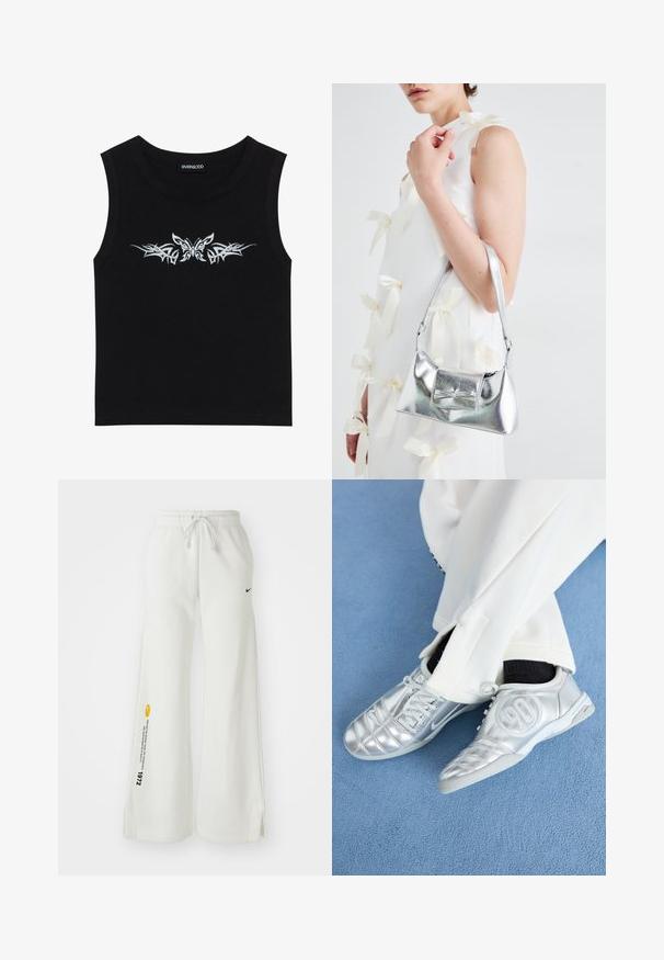 Top sin mangas negro de algodón; presenta un diseño de mariposa metálica plateada y un patrón tribal en el pecho. Cuello redondo.; Pantalones de chándal blancos y de pierna ancha con cintura elástica, cordón, aberturas laterales, logo negro de Nike y texto gráfico en amarillo contrastante.; Zapatillas deportivas plateadas con un acabado suave y brillante, que presentan un diseño cosido y el número 90 en el lateral, combinadas con pantalones blancos.; Bolso de mano metálico plateado con forma estructurada, que presenta un asa superior y un detalle de lazo en el frente. Textura suave y acabado reflectante.