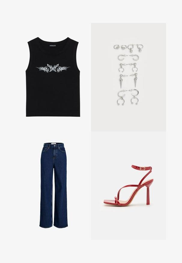 Juodas be rankovių medvilnės topas; turi metalizuotą sidabrinę drugelio ir tautinį raštą per krūtinę. Apvalus iškirpimas.; Aukštai juosmeni, tamsiai mėlynos džinsinės kelnės su plačiomis kojomis, priekinis mygtukas ir penkių kišenių dizainas.; ALDO SCINTILLA - Aukštakulniai sandalai - red; Sidabro auskarų rinkinys, kuriame yra įvairių dizainų: žiedai, studai ir kabančios stiliai, su rutuliukų akcentais ir smailiais elementais.