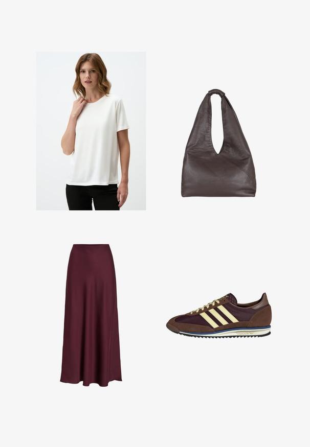 Weißes T-Shirt mit kurzen Ärmeln aus glattem Stoff und rundem Halsausschnitt. Einfaches Design, das eine lockere Passform und keine sichtbaren Muster aufweist.; Burgunderfarbene Satin-Maxikleid mit glatter Textur, hoher Taille und fließender Silhouette, die sich sanft zur Saumkante hin ausläuft.; Braune und burgunderfarbene Sneaker aus Wildleder und Mesh-Materialien, mit drei cremefarbenen Streifen, strukturiertem Stoff an der Zunge und einer Gummisohle.; Braune Lederhandtasche mit einem lässigen, übergroßen Design. Verfügt über einen Schlaufenhandgriff und eine tiefe V-förmige Öffnung für einfachen Zugang. Weiche Textur, minimalistischer Stil.