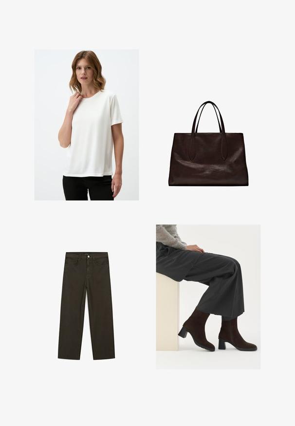 Biała koszulka z krótkim rękawem, wykonana z gładkiego materiału, z okrągłym dekoltem. Prosty design, z luźnym krojem i bez widocznych wzorów.; Ciemnozielone spodnie dżinsowe typu wide-leg wykonane z mieszanki bawełny, z zamkiem na guzik z przodu, pięcioma kieszeniami i klasycznym przeszyciem dżinsowym.; Brązowe zamszowe botki za kostkę na słupku z bocznym zamkiem, w połączeniu z luźnymi szarymi spodniami, siedzące na jasnym cokole.; Massimo Dutti - Torebka