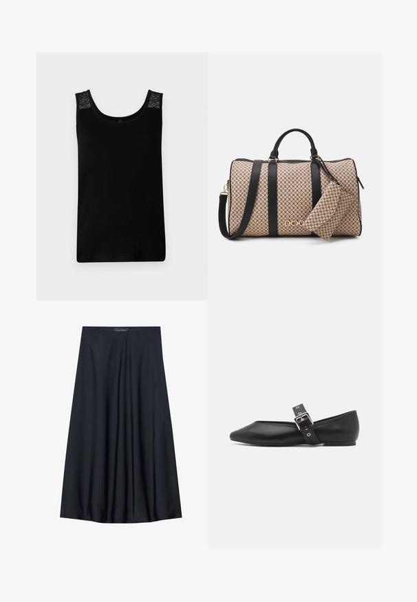 Čierny top bez rukávov vyrobený z jemnej tkaniny, s čipkovými detailmi na pleciach a okrúhlym výstrihom. Jednoduchý dizajn s rovnými líniami.; Čierna sukňa po kolená vyrobená z ľahkej tkaniny s voľným strihom. Obsahuje hladkú textúru a jemné záhyby pre dodatočný detail.; Čierne kožené ploché topánky s špicatou špičkou, bočným remienkom s striebornou prackou a nízkym opätkom. Hladká textúra a minimalistický dizajn.; Cestovná taška s béžovým vzorovaným povrchom, čiernymi koženými remienkami, zlatým kovovým zovňajškom a malým zhodným púzdrom pripojeným k taške. Štruktúrovaný dizajn.; Zlatý obdĺžnikový náramkový hodinky s bielym ciferníkom, striebornými indexmi a odolným kovovým náramkom. Obsahuje vodoodolnú funkciu.