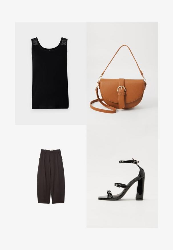 Schwarzes Tanktop aus weichem Stoff, mit Spitzenakzenten an den Schultern und einem runden Ausschnitt. Einfaches Design mit gerader Passform.; Schwarze weit geschnittene Hosen aus einem glatten Stoff, mit hoher Taille, Frontfalten und Seitentaschen. Schlichtes Design ohne Verzierungen.; Schwarze Lackleder-Sandalen mit hohen Absätzen, zwei Riemen mit Schnallen, quadratischer Zehenpartie und klobigem Blockabsatz, mit einer glatten, glänzenden Textur.; Braune Leder-Crossbody-Tasche mit geschwungener Form, goldfarbenen Beschlägen und einer Schnallenakzentuierung. Verfügt über einen abnehmbaren Schultergurt.