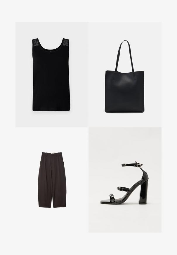 Schwarzes Tanktop aus weichem Stoff, mit Spitzenakzenten an den Schultern und einem runden Ausschnitt. Einfaches Design mit gerader Passform.; Schwarze weit geschnittene Hosen aus einem glatten Stoff, mit hoher Taille, Frontfalten und Seitentaschen. Schlichtes Design ohne Verzierungen.; Schwarze patentierte Sandalen mit Absatz, quadratischer Spitze, Knöchelriemen und silbernen Schnallen. Mit einem stabilen Blockabsatz für mehr Stabilität.; Schwarze Laptoptasche aus Leder mit glatter Textur, rechteckiger Form und zwei langen Griffen. Keine sichtbaren Beschläge oder Verzierungen.
