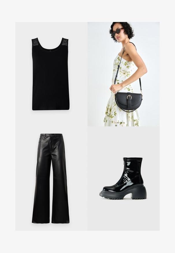 Must mustriga must tank, pehmeast kangast, millel on pitsi kaunistused õlgadel ja ümar kaelus. Lihtne disain otse lõikega.; Mustad talje laiad jalad kunstnahast püksid esipaneeli nööbi ja lukuga, vöödega ja küljetaskutega valge tausta peal.; Läikiv must platvormi sääresti saabas ümarate varvastega, jämeda kanna, lukuga ja paksu soonilise tallaga valge tausta ees.; Mustmust mustraha kõverate joontega, eemaldatava rihmaga ja kuldsete detailidega. Kotil on klapp, millel on pandladetail.