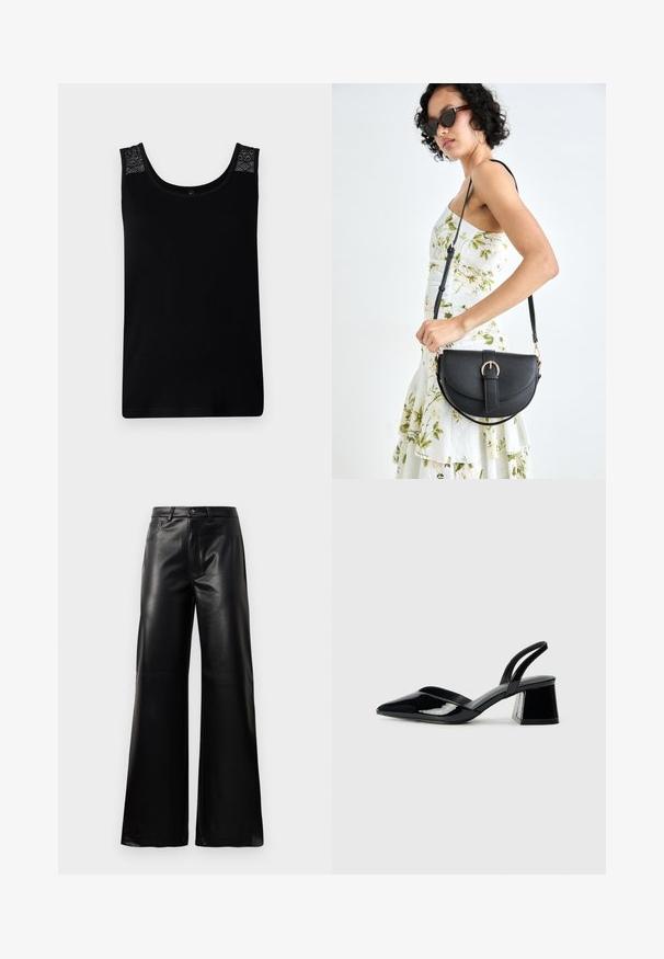 Crna majica bez rukava napravljena od mekog materijala, s čipkastim detaljima na ramenima i okruglim izrezom. Jednostavan dizajn s ravnim krojem.; Crne visoke široke hlače od umjetne kože s prednjim gumbom, zatvaranjem na zip, petljama za pojas i bočnim džepovima na bijeloj pozadini.; Crne lakirane kožne sandale s otvorenom petom i špicastim vrhom, s geometrijskom blok petom. Imaju elegantan, minimalistički dizajn i glatku teksturu.; Crna kožna torba s lukovitim oblikom, odvojivim remenom i zlatnim detaljima. Torba ima preklop s kopčom.